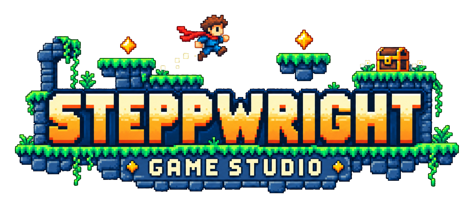 Steppwright Game Studio — pixel-art adventurer leaping above grassy stone platforms